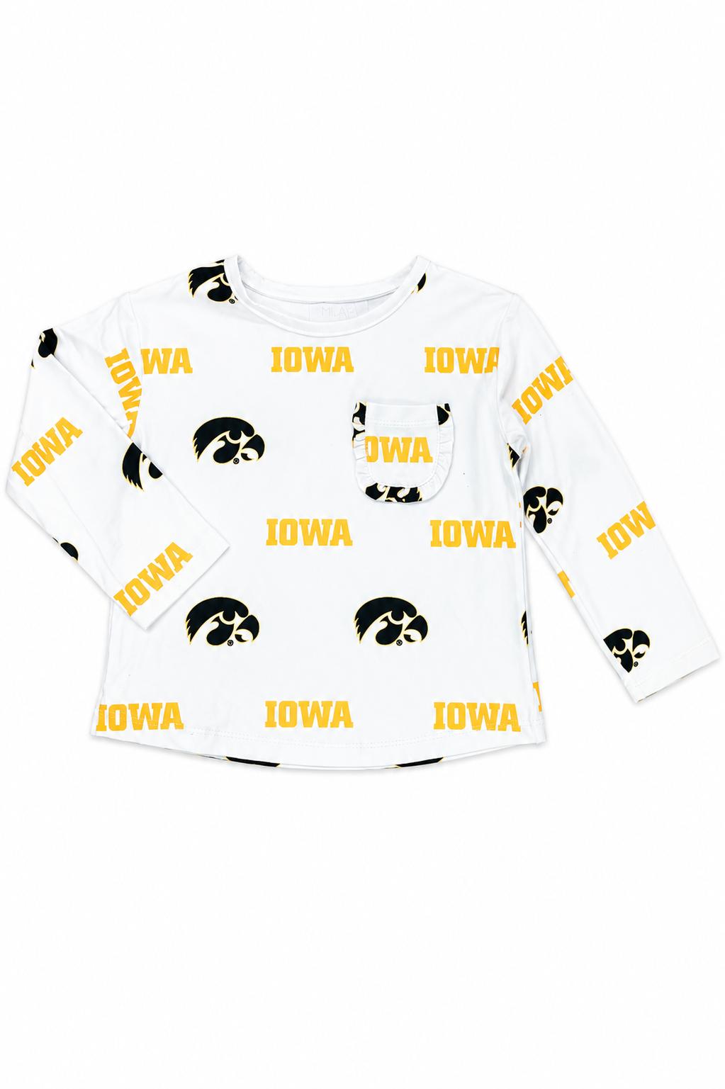Iowa White Tigerhawk L/S Ruffle Pocket Tee - Aaria Tees Aaria Tees