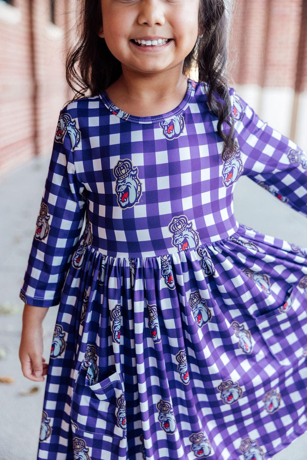 JMU Plaid Duke Dog 3/4 Sleeve Pocket Twirl Dress - Aaria Tees Aaria Tees