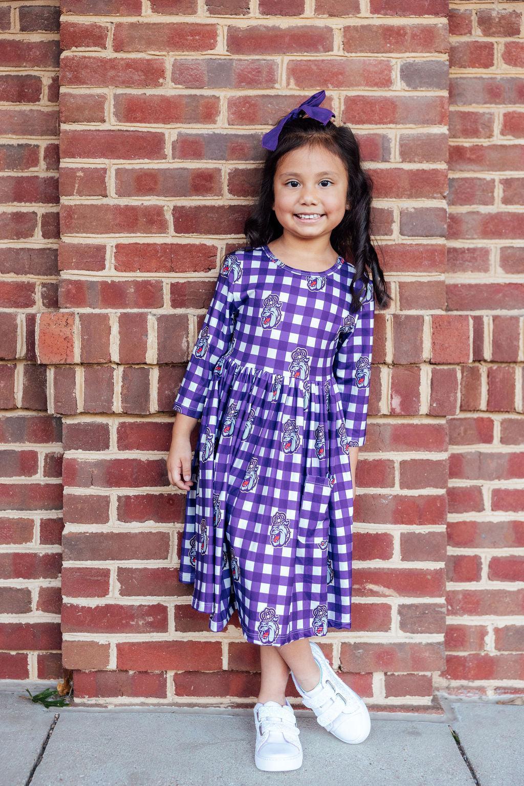JMU Plaid Duke Dog 3/4 Sleeve Pocket Twirl Dress - Aaria Tees Aaria Tees