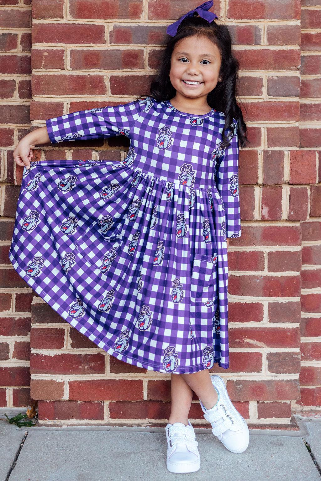 JMU Plaid Duke Dog 3/4 Sleeve Pocket Twirl Dress - Aaria Tees Aaria Tees