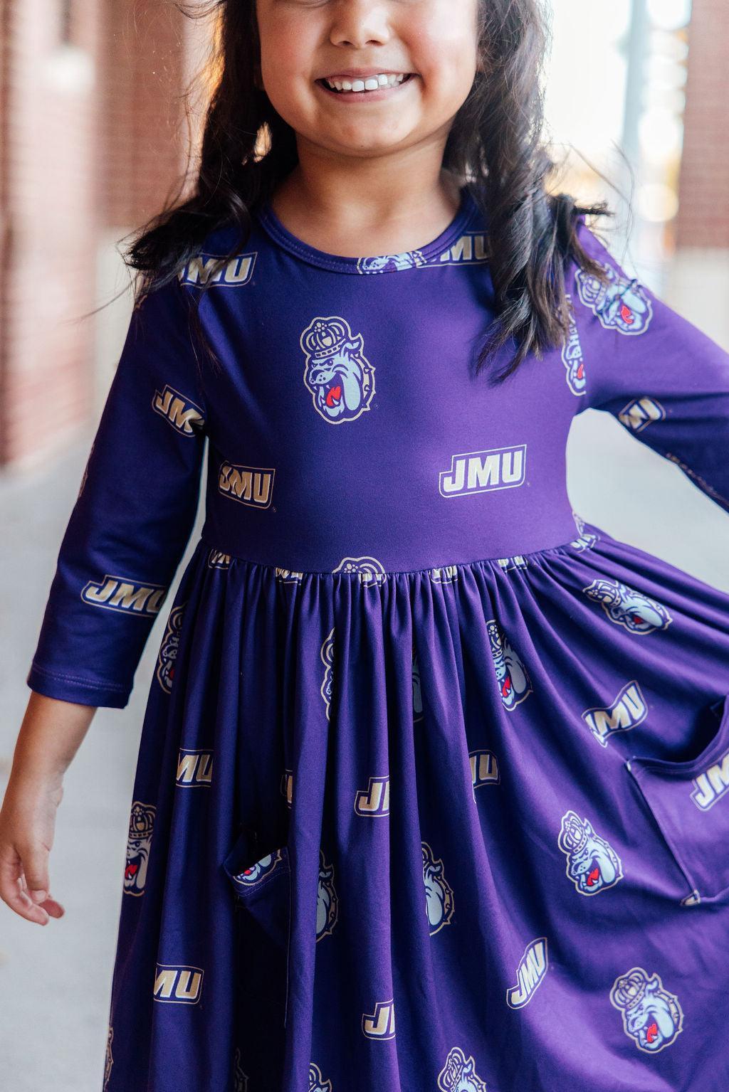 JMU Purple Duke Dog 3/4 Sleeve Pocket Twirl Dress - Aaria Tees Aaria Tees