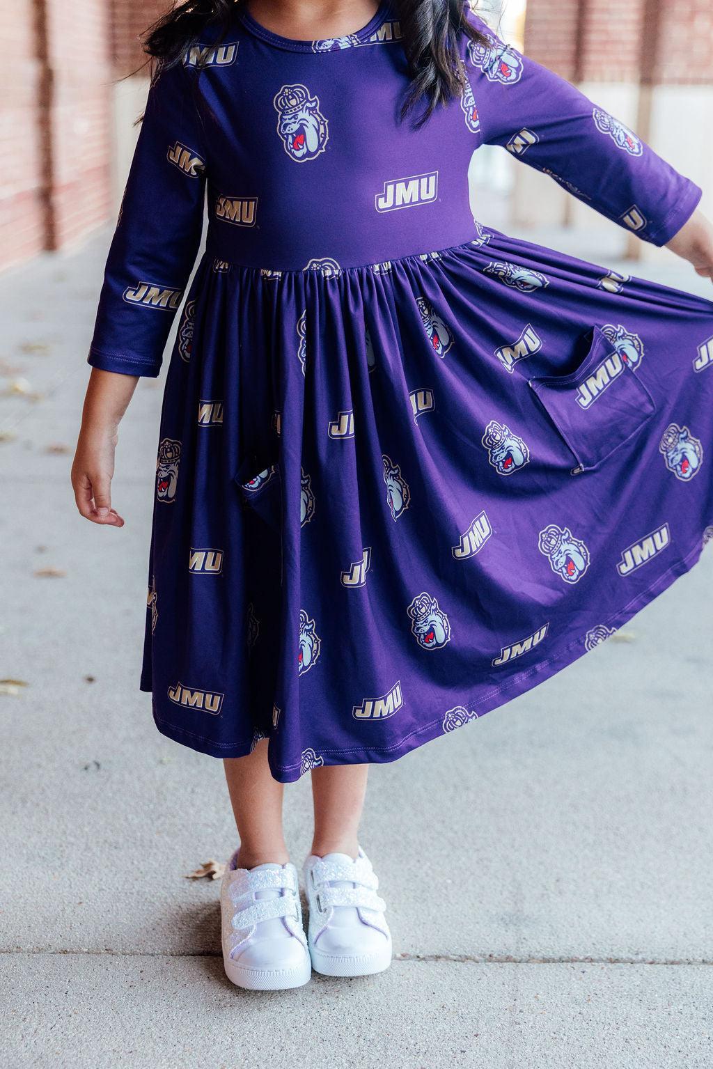 JMU Purple Duke Dog 3/4 Sleeve Pocket Twirl Dress - Aaria Tees Aaria Tees