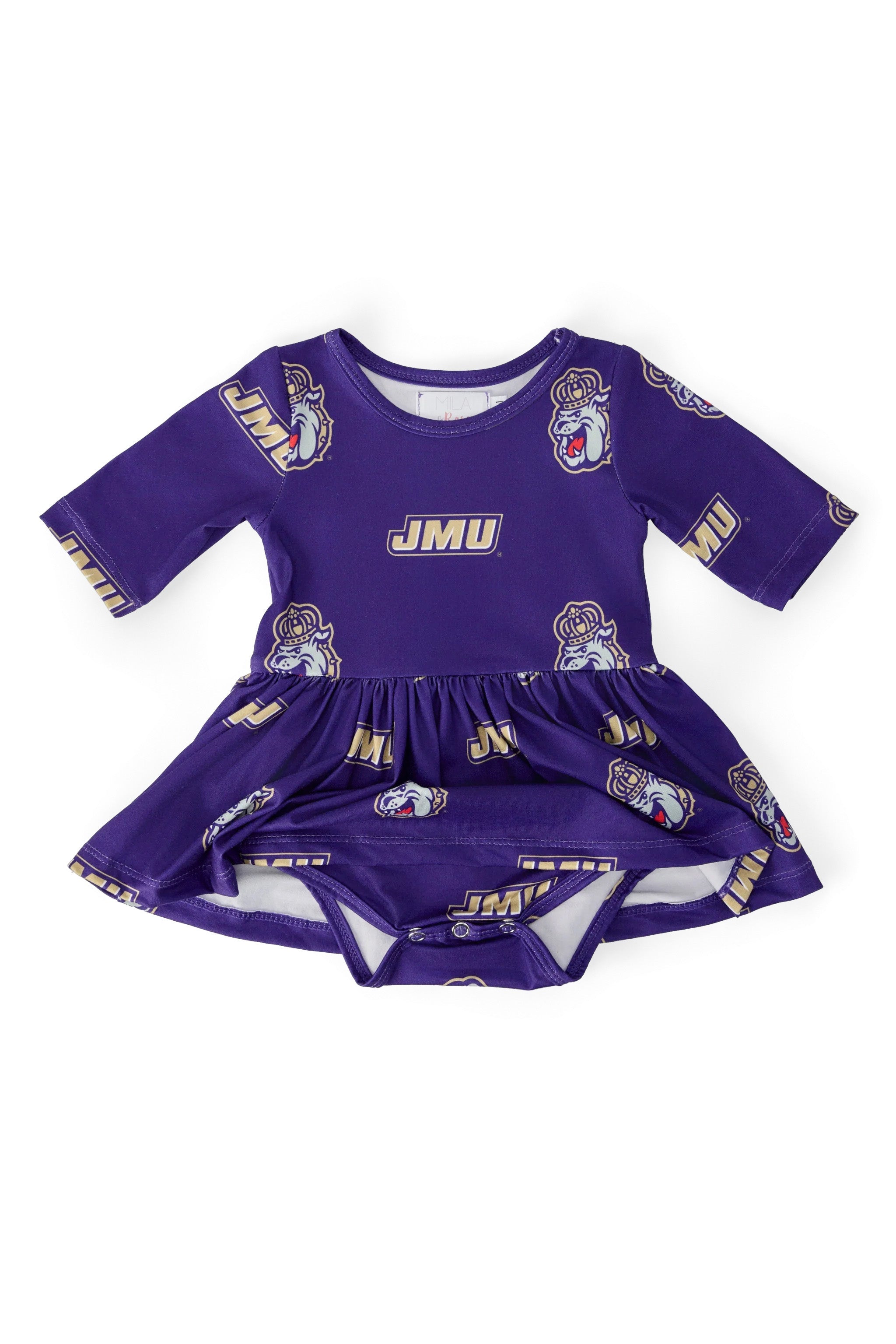 JMU Purple Duke Dog 3/4 Sleeve Twirl Bodysuit - Aaria Tees Aaria Tees