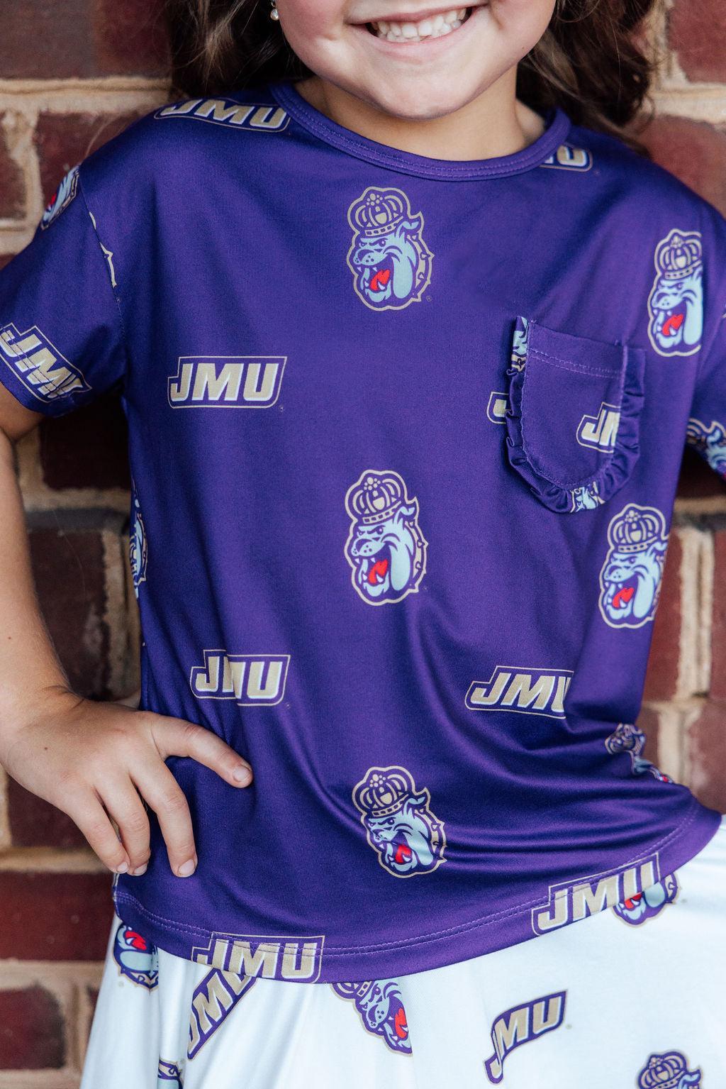 JMU Purple Duke Dog Ruffle Pocket Tee - Aaria Tees Aaria Tees