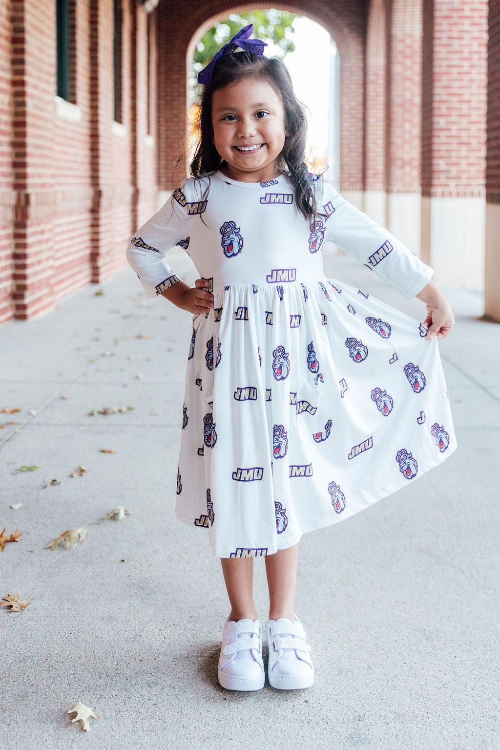 JMU White Duke Dog 3/4 Sleeve Pocket Twirl Dress - Aaria Tees Aaria Tees