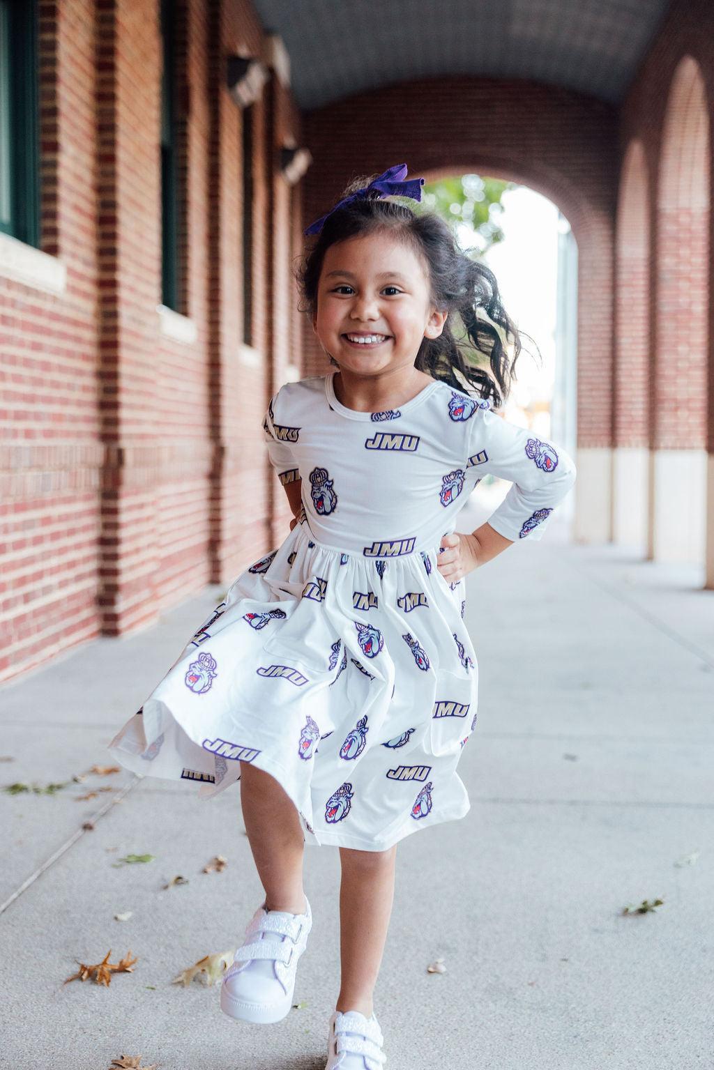 JMU White Duke Dog 3/4 Sleeve Pocket Twirl Dress - Aaria Tees Aaria Tees