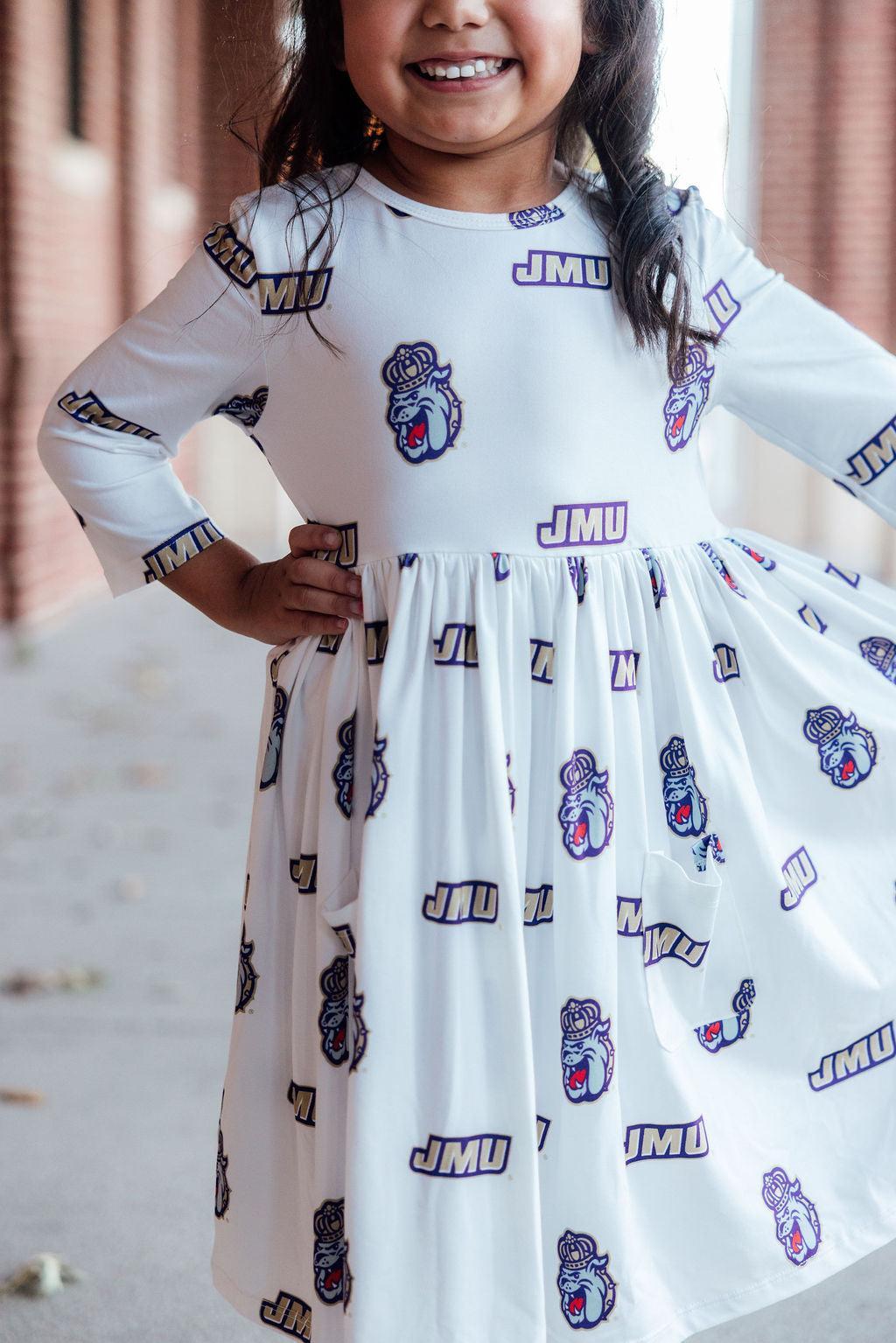 JMU White Duke Dog 3/4 Sleeve Pocket Twirl Dress - Aaria Tees