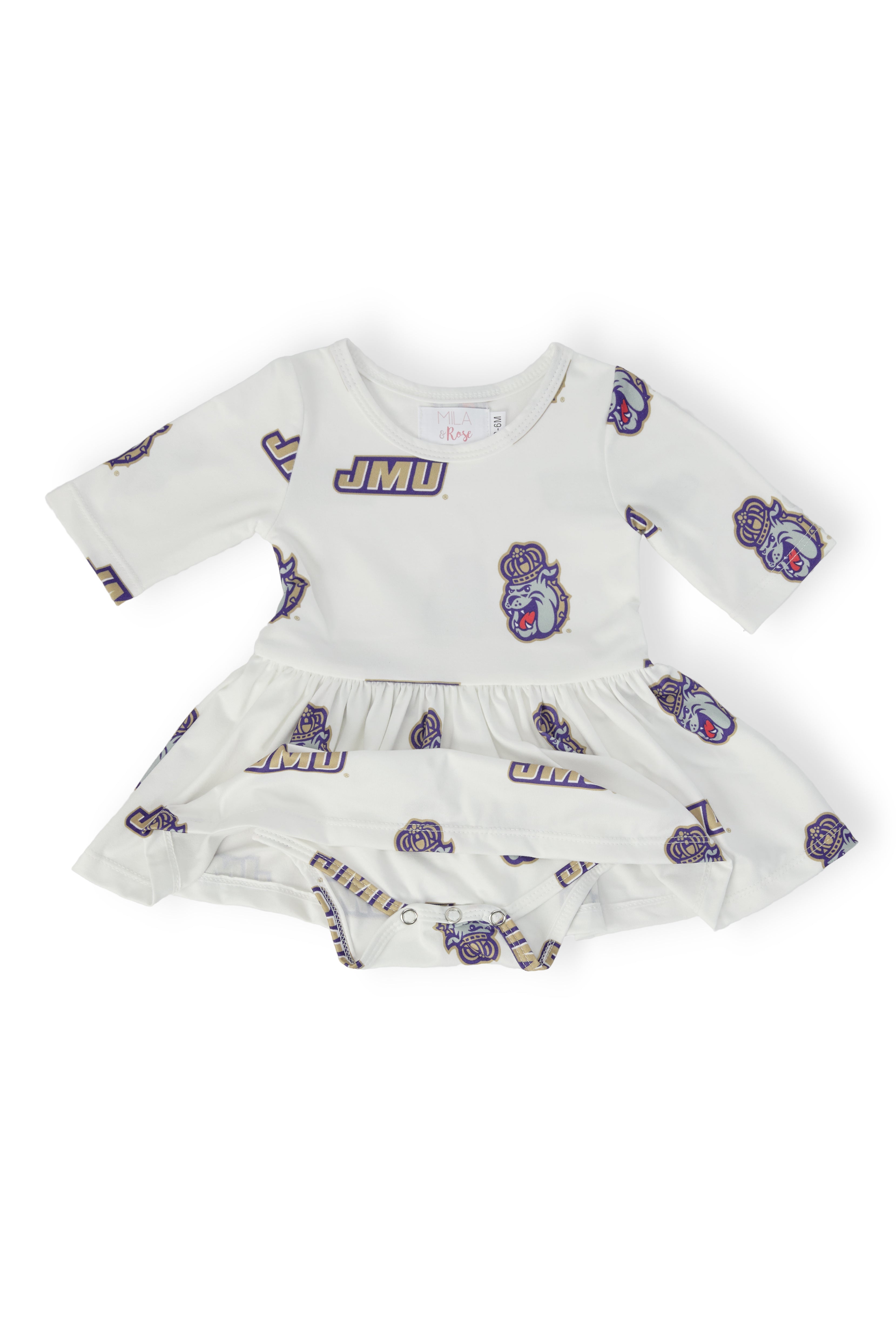 JMU White Duke Dog 3/4 Sleeve Twirl Bodysuit - Aaria Tees Aaria Tees