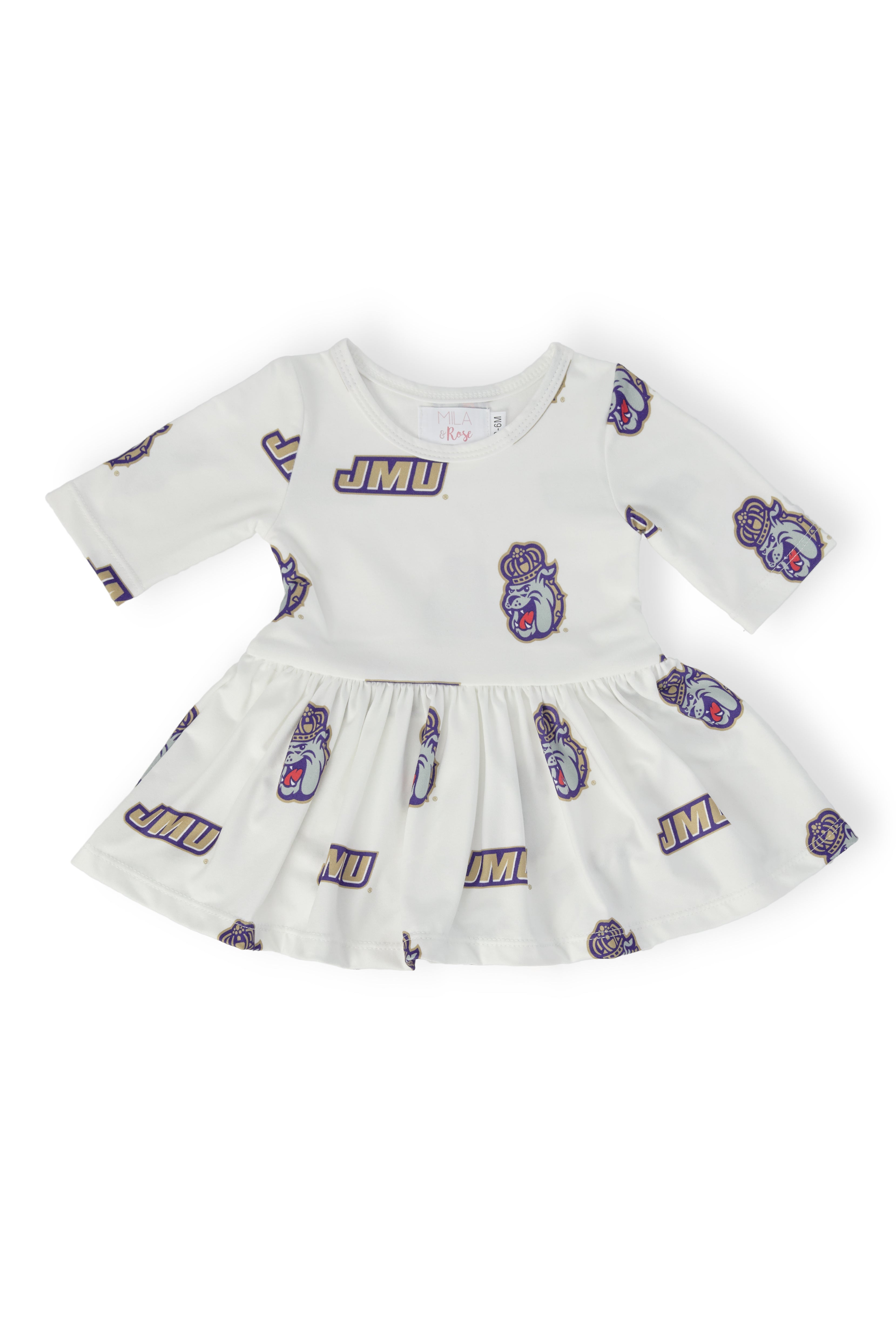 JMU White Duke Dog 3/4 Sleeve Twirl Bodysuit - Aaria Tees Aaria Tees