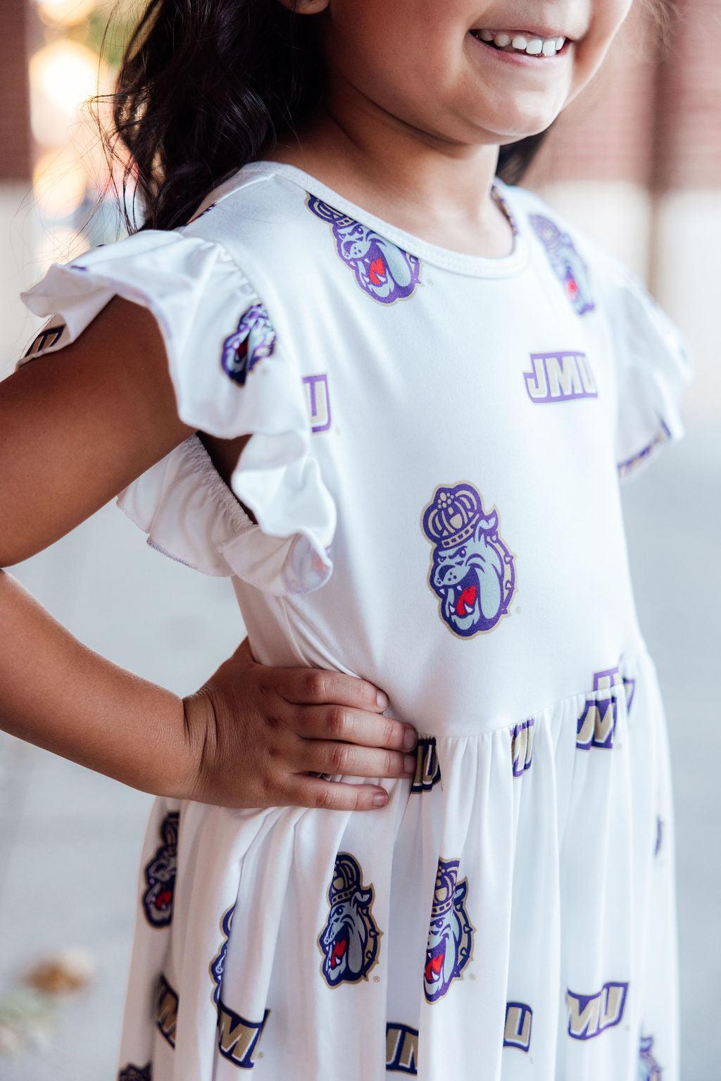 JMU White Duke Dog Flutter Twirl  Dress - Aaria Tees Aaria Tees
