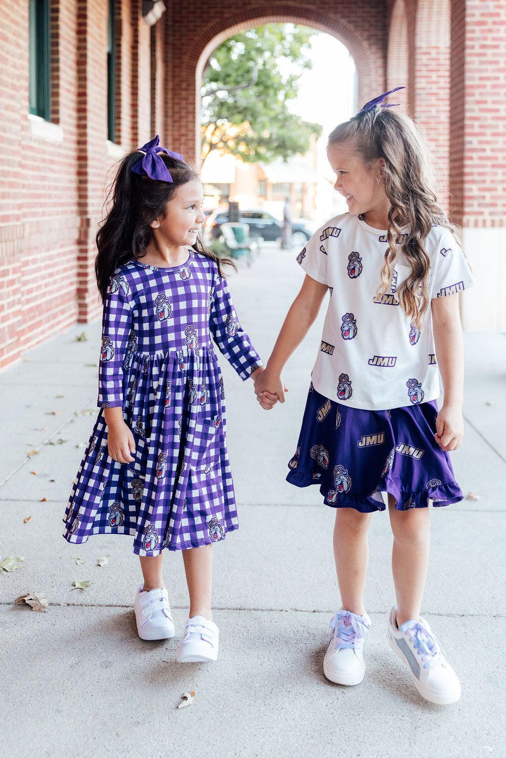 JMU Plaid Duke Dog 3/4 Sleeve Pocket Twirl Dress - Aaria Tees Aaria Tees