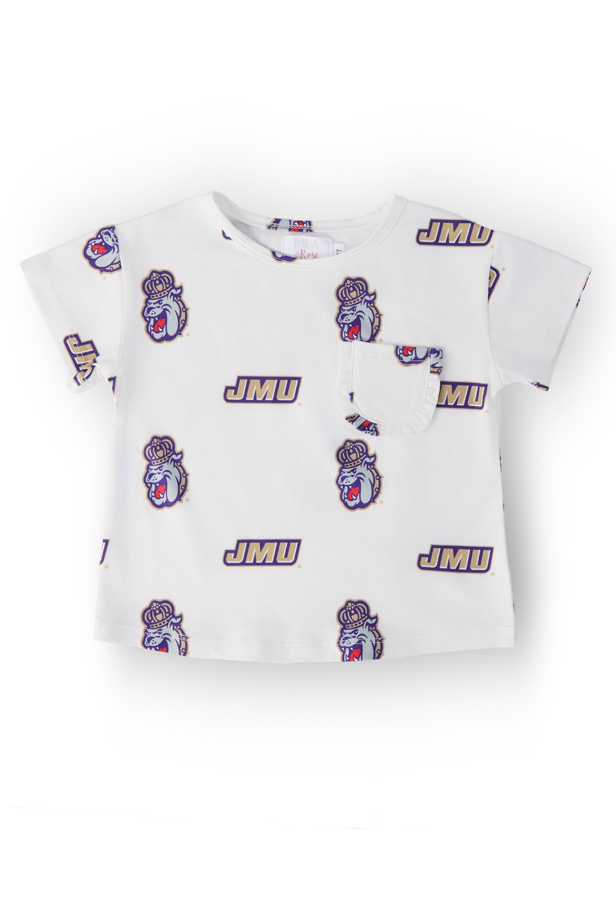 JMU White Duke Dog Ruffle Pocket Tee - Aaria Tees