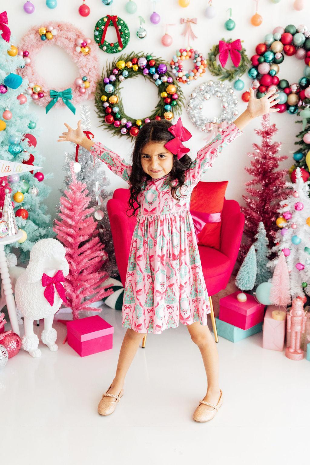 Jingle Bows L/S Pocket Twirl Dress - Aaria Tees Aaria Tees