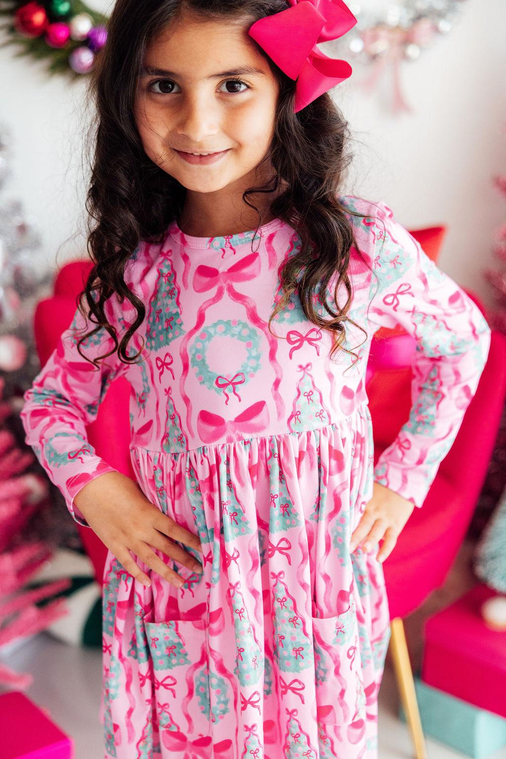 Jingle Bows L/S Pocket Twirl Dress - Aaria Tees Aaria Tees