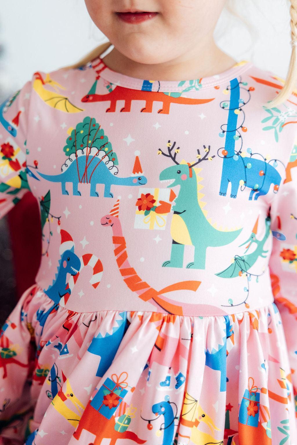 Jingle Saurus L/S Pocket Twirl Dress - Aaria Tees
