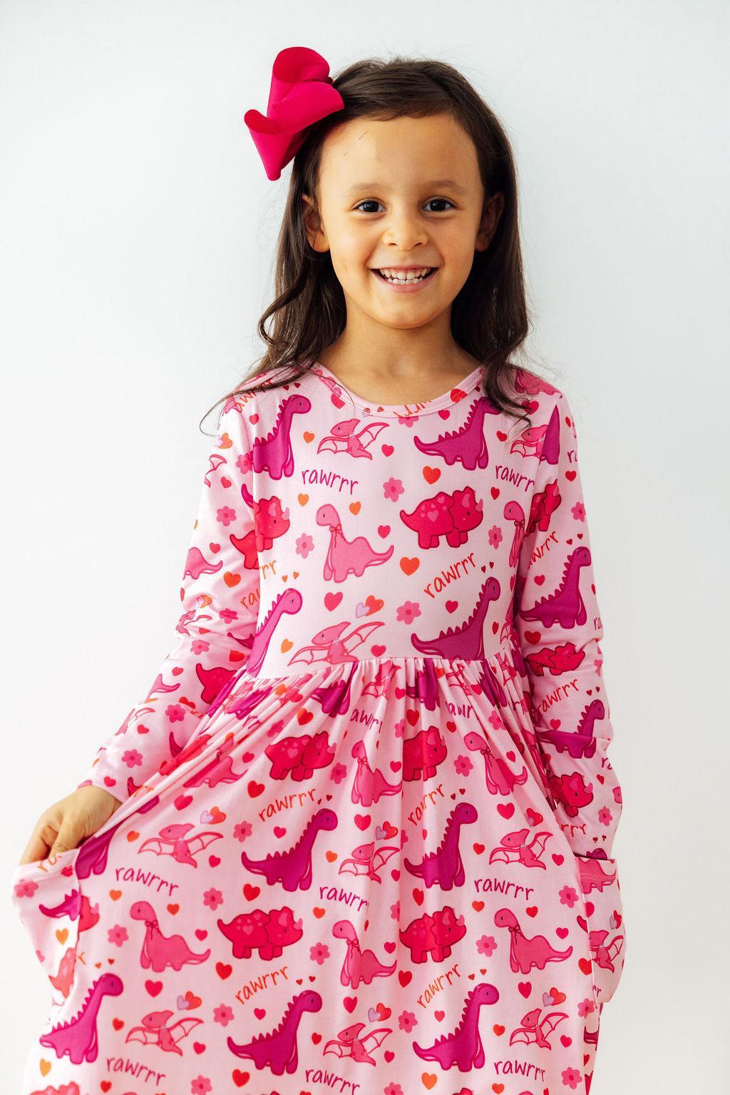 Dino Kisses L/S Pocket Twirl Dress - Aaria Tees Aaria Tees