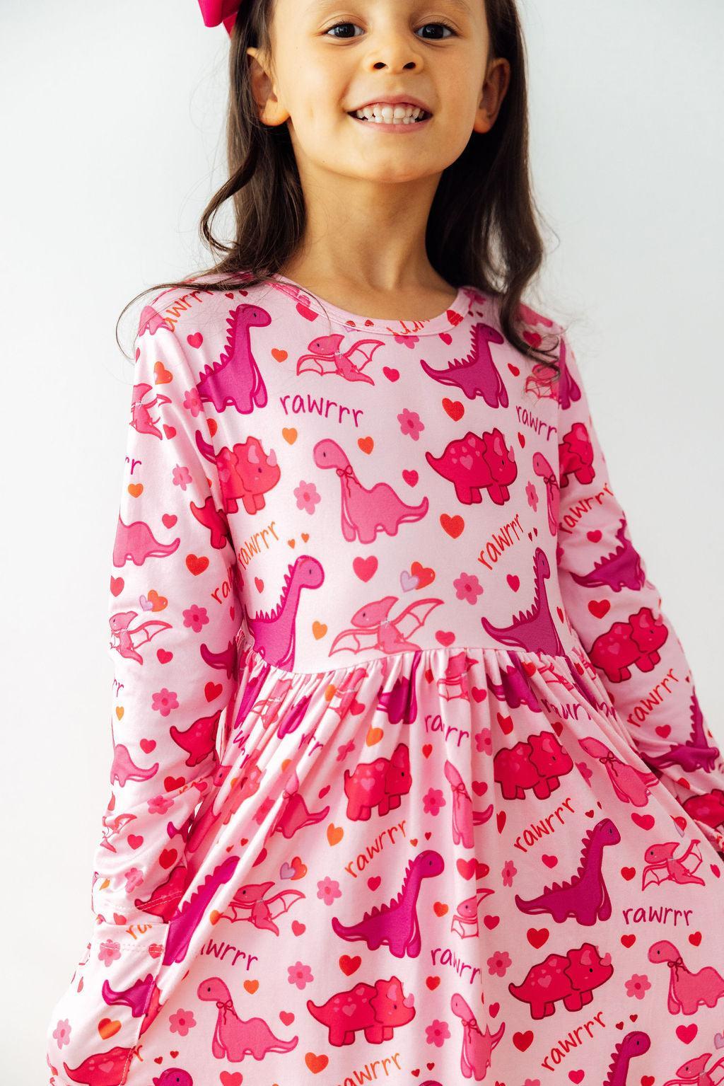 Dino Kisses L/S Pocket Twirl Dress - Aaria Tees Aaria Tees