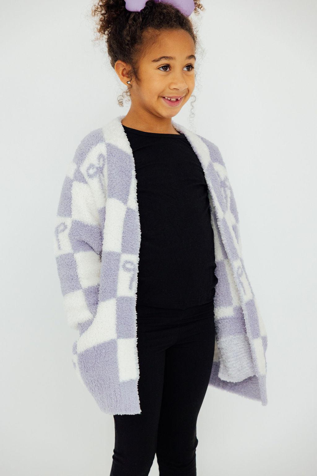 Lavender Checker Bow Cozy Cardigan - Aaria Tees Aaria Tees
