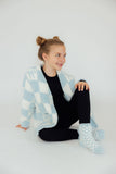 Light Blue Checker Bow Cozy Cardigan - Aaria Tees Aaria Tees