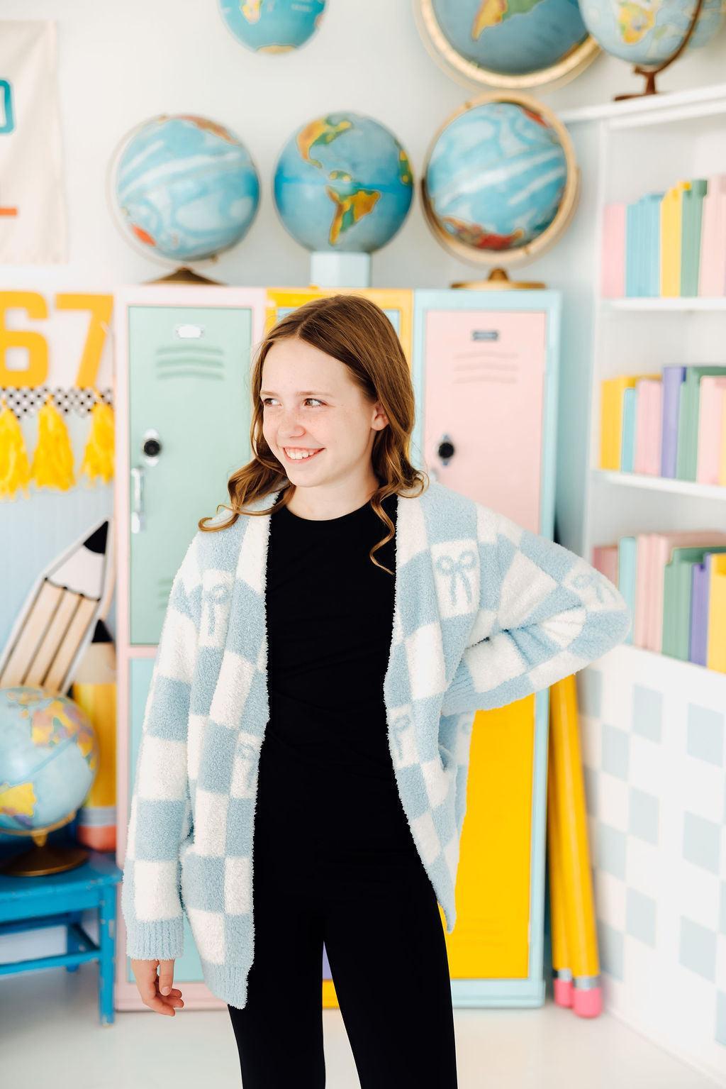 Light Blue Checker Bow Cozy Cardigan - Aaria Tees
