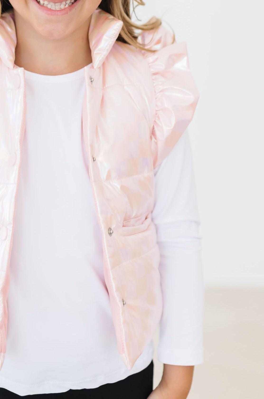 SALE Light Pink Checker Puffer Vest - Aaria Tees Aaria Tees