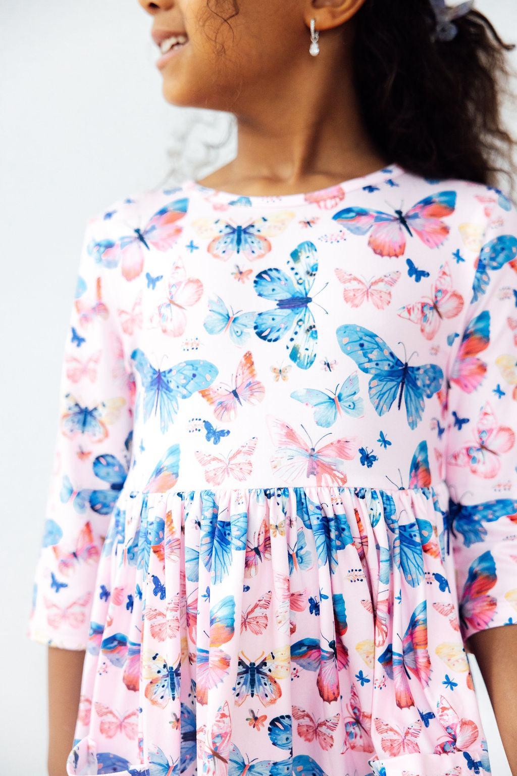 Little Flutters 3/4 Sleeve Pocket Twirl Dress - Aaria Tees