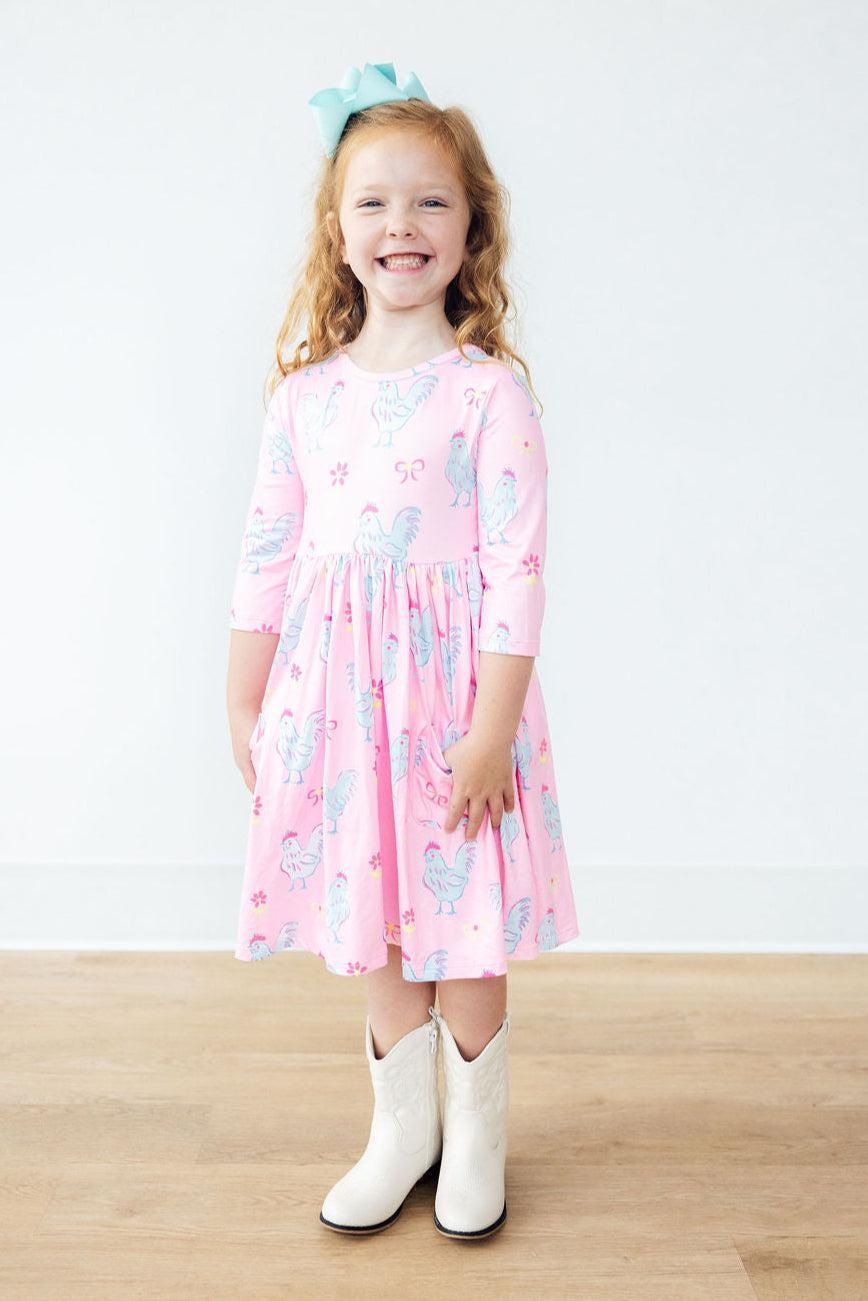 Little Miss Chickie 3/4 Sleeve Pocket Twirl Dress - Aaria Tees Aaria Tees