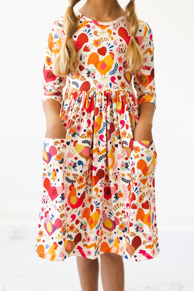 Little Red Hen 3/4 Sleeve Pocket Twirl Dress - Aaria Tees