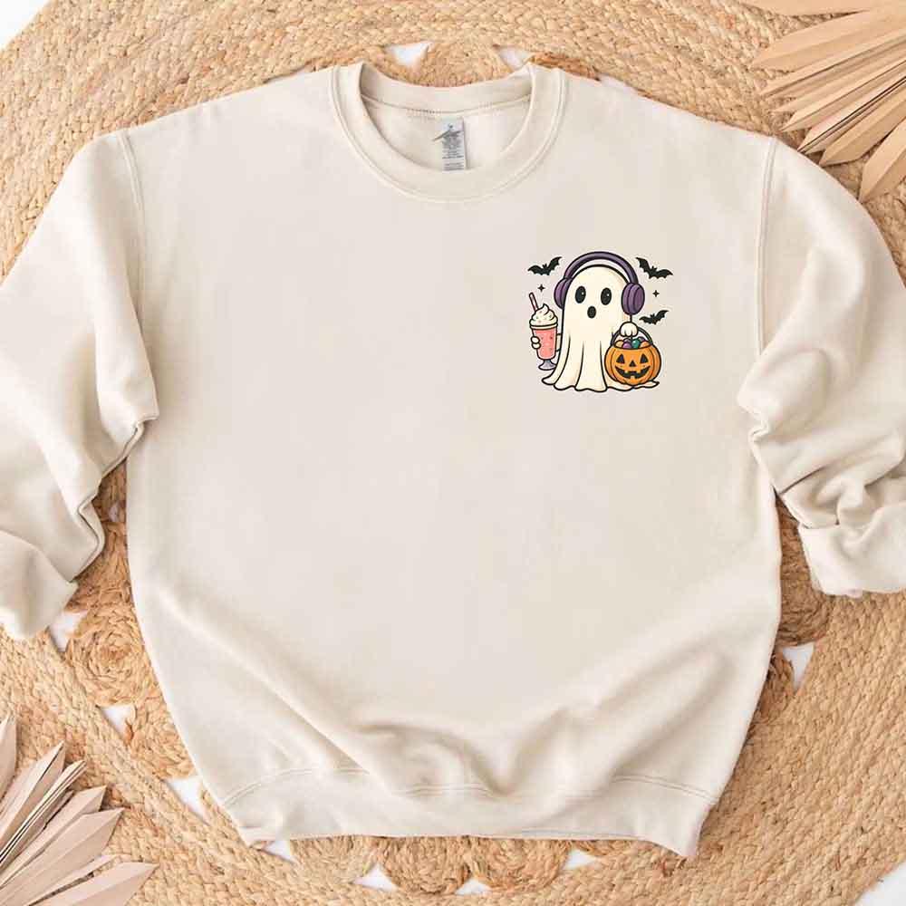 Little Ghost Iced Coffee Sweatshirt – Cute Halloween Ghost Sweatshirt - Aaria Tees Aaria Tees