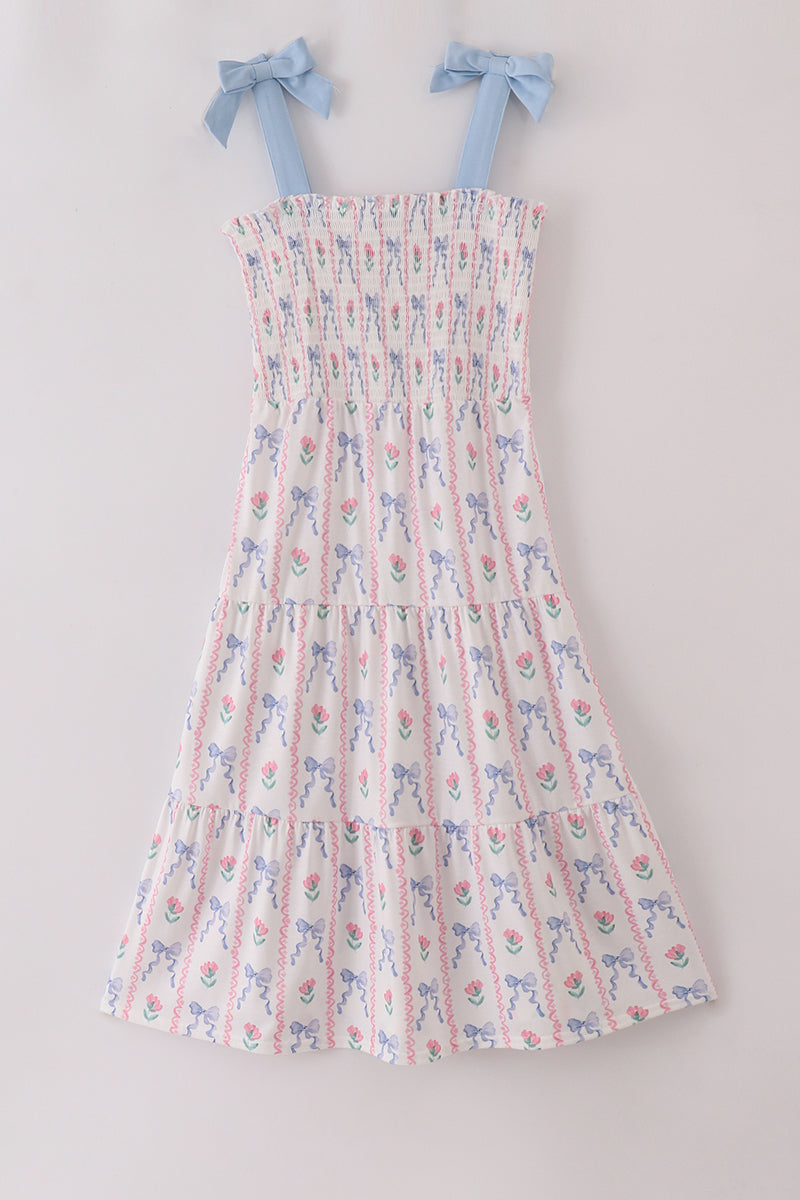 Blue floral bow print smocked mom dress - Aaria Tees Aaria Tees