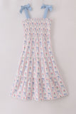 Blue floral bow print smocked mom dress - Aaria Tees Aaria Tees