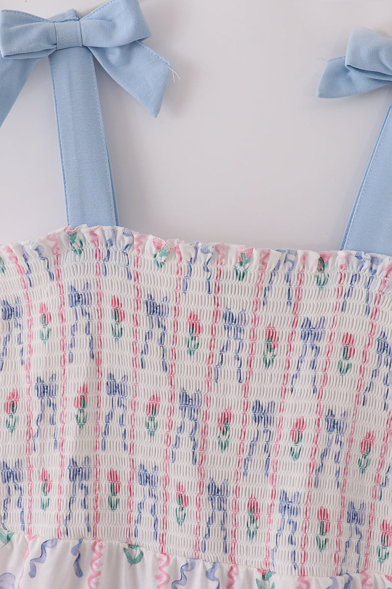 Blue floral bow print smocked mom dress - Aaria Tees Aaria Tees