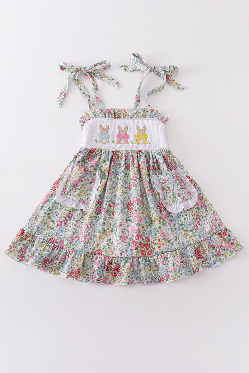 Floral print bunny embroidery smocked girl dress - Aaria Tees