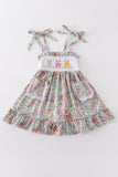 Floral print bunny embroidery smocked girl dress - Aaria Tees Aaria Tees