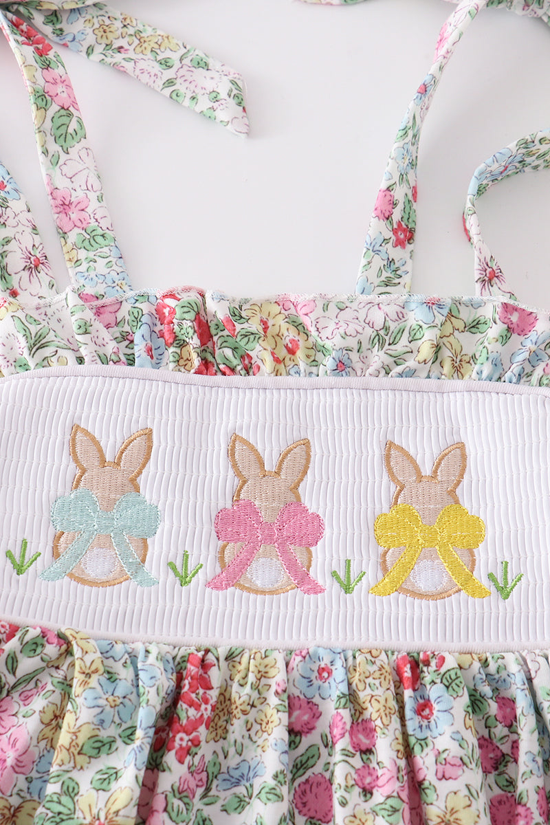 Floral print bunny embroidery smocked girl dress - Aaria Tees Aaria Tees