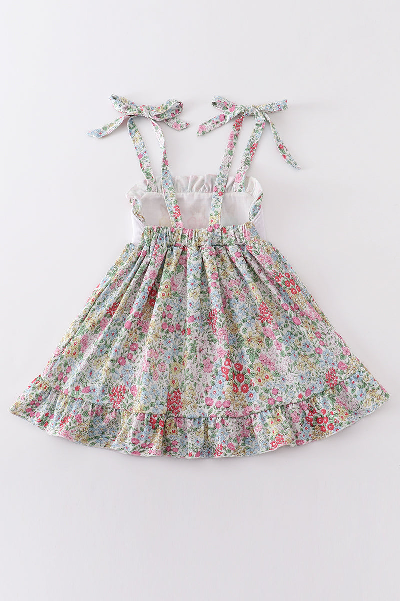 Floral print bunny embroidery smocked girl dress - Aaria Tees Aaria Tees