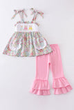 Floral print bunny embroidery smocked girl set Aaria Tees