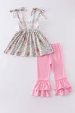 Floral print bunny embroidery smocked girl set Aaria Tees