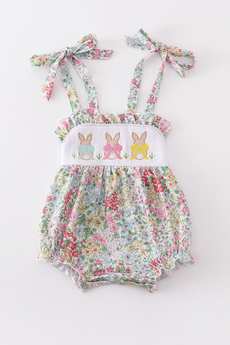 Floral print bunny embroidery smocked girl bubble - Aaria Tees Aaria Tees