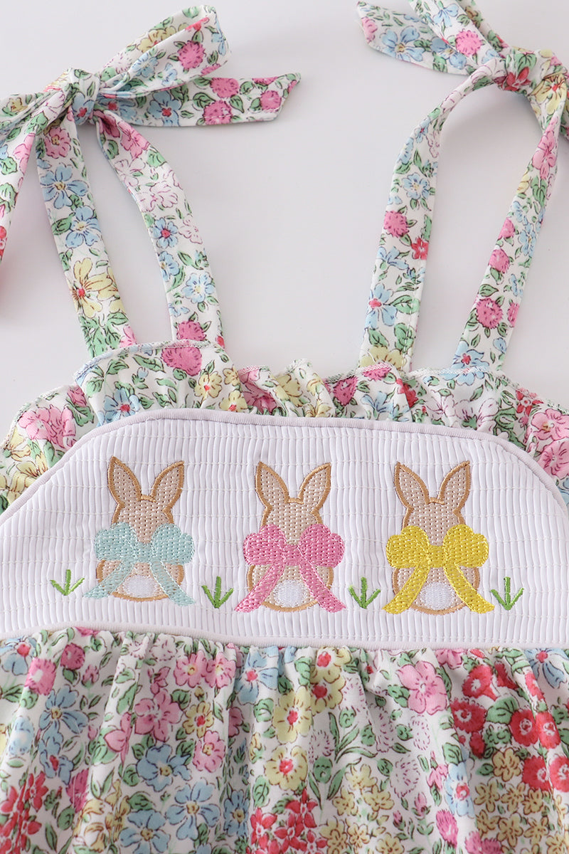 Floral print bunny embroidery smocked girl bubble - Aaria Tees Aaria Tees