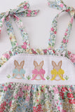 Floral print bunny embroidery smocked girl bubble - Aaria Tees Aaria Tees