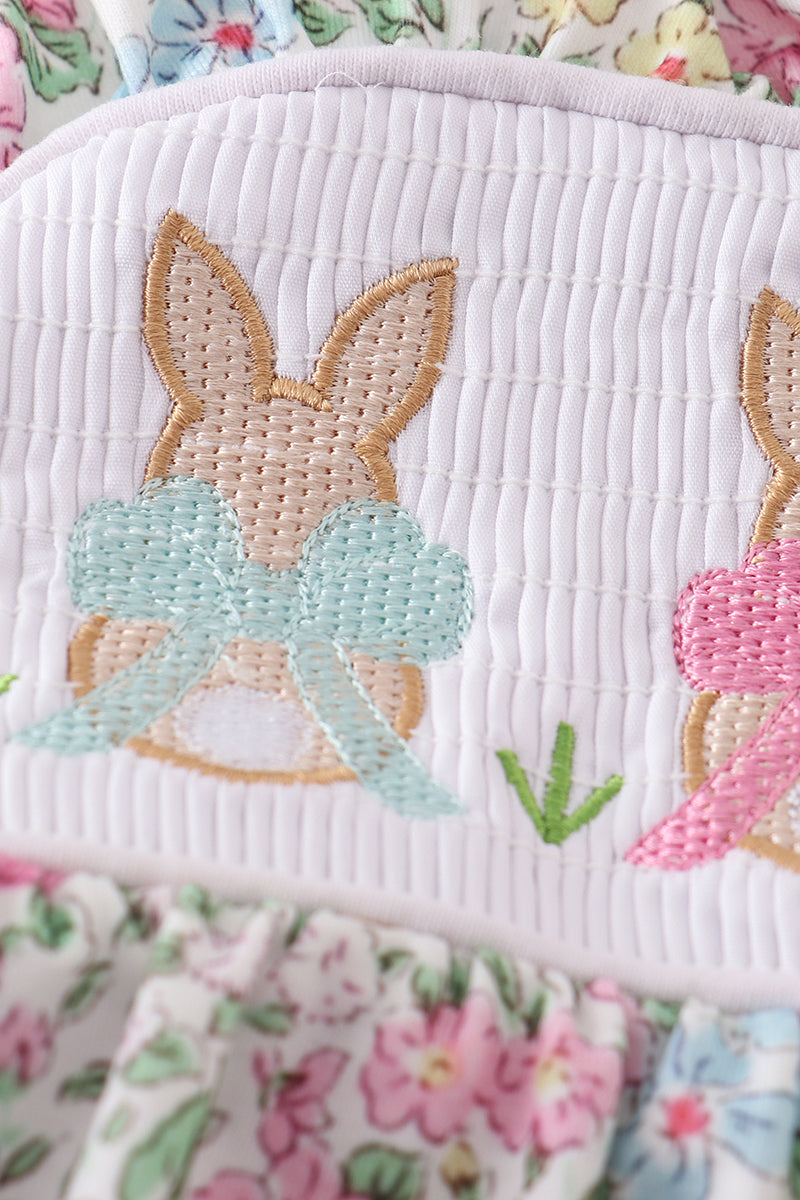 Floral print bunny embroidery smocked girl bubble - Aaria Tees Aaria Tees
