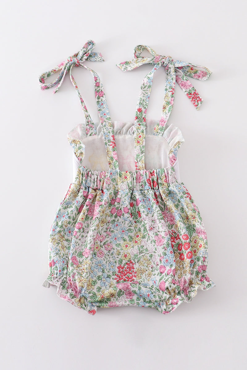 Floral print bunny embroidery smocked girl bubble - Aaria Tees Aaria Tees