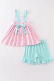 Pink tractor embroidery plaid girl set Aaria Tees