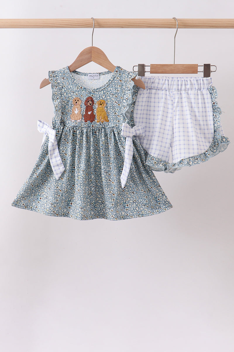 Floral puppy embroidery ruffle shorts set - Aaria Tees Aaria Tees