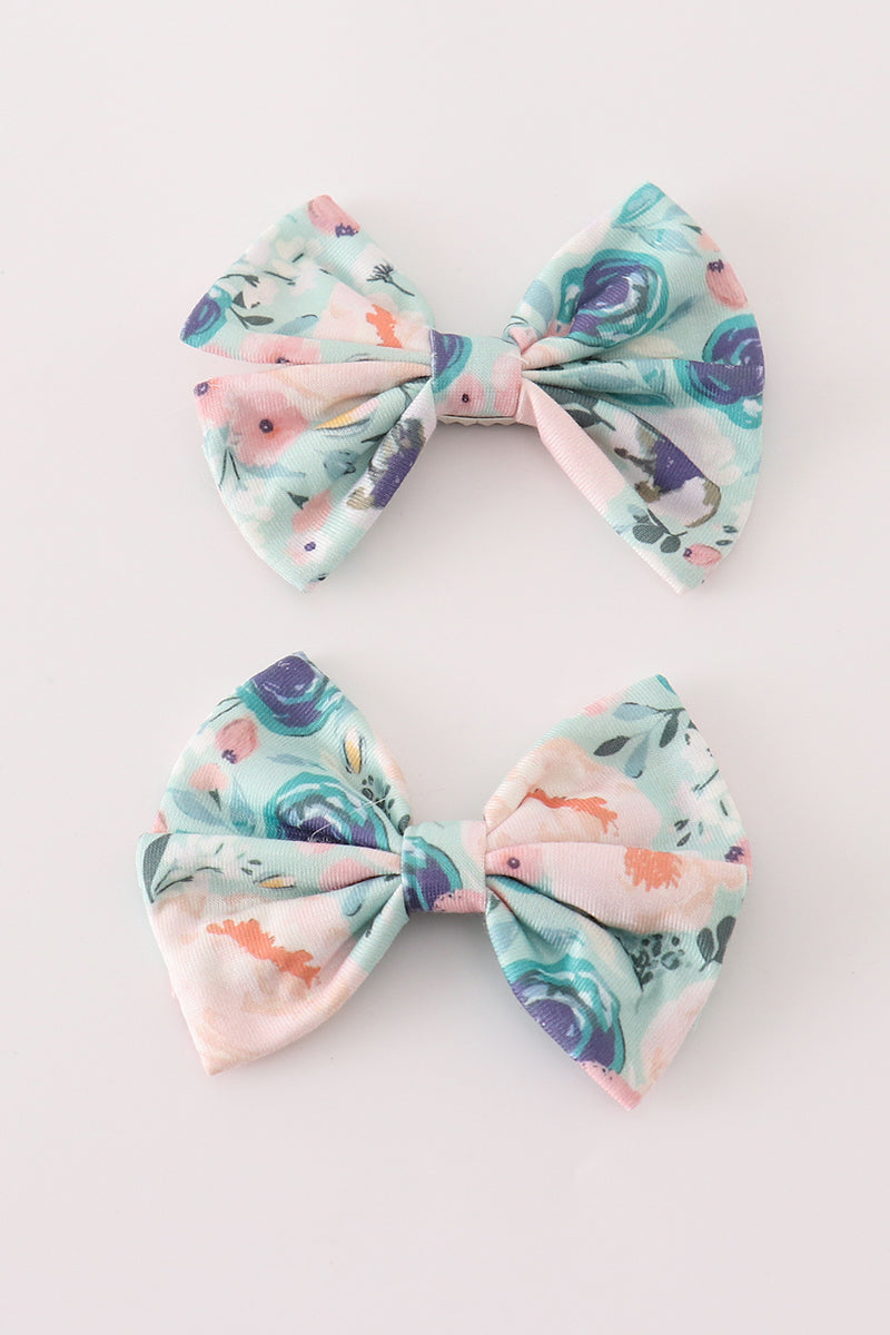 Green garden serenity print girl piggie hair bow - Aaria Tees