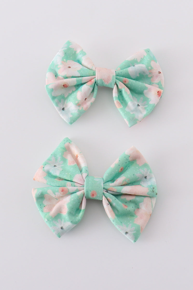 Green floral print girl piggie hair bow - Aaria Tees