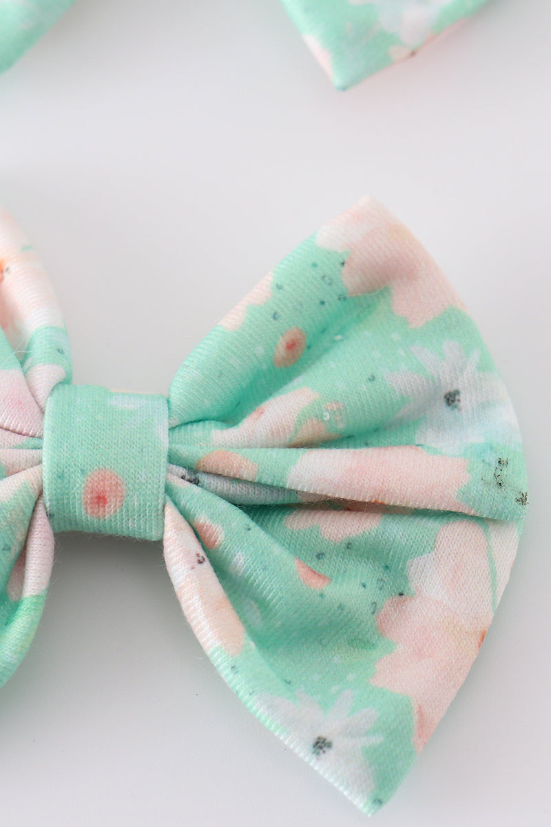 Green floral print girl piggie hair bow - Aaria Tees Aaria Tees