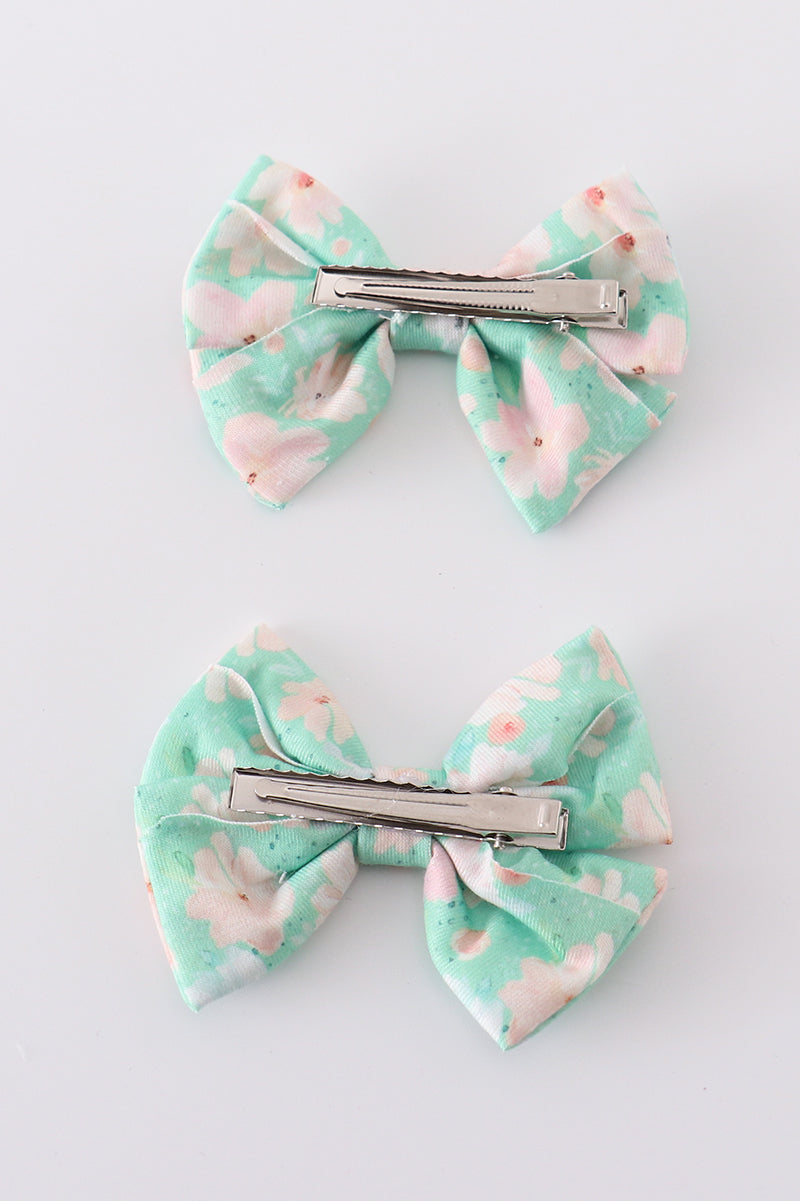 Green floral print girl piggie hair bow - Aaria Tees Aaria Tees