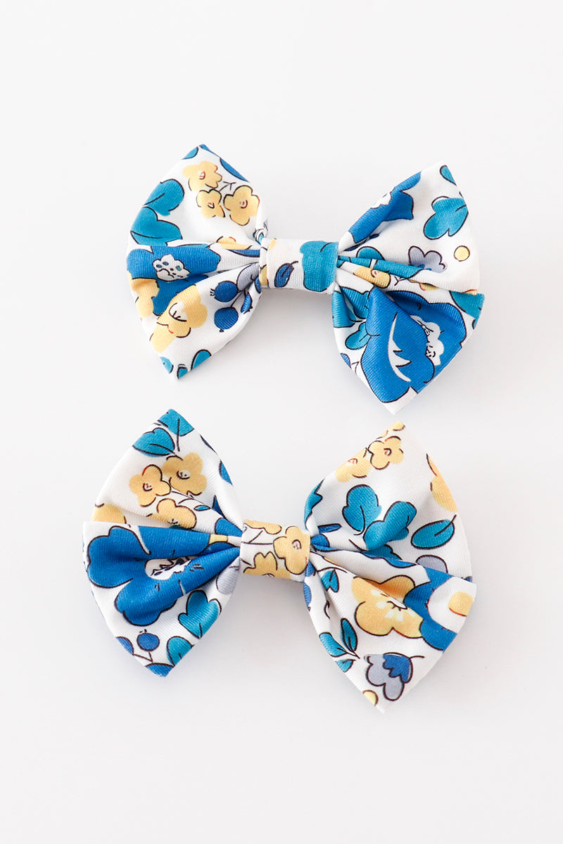 Blue floral print piggie hair bow - Aaria Tees Aaria Tees